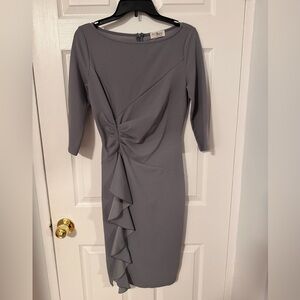 Alpine Slate Gray Ruched Midi Dress with Cascade Ruffle